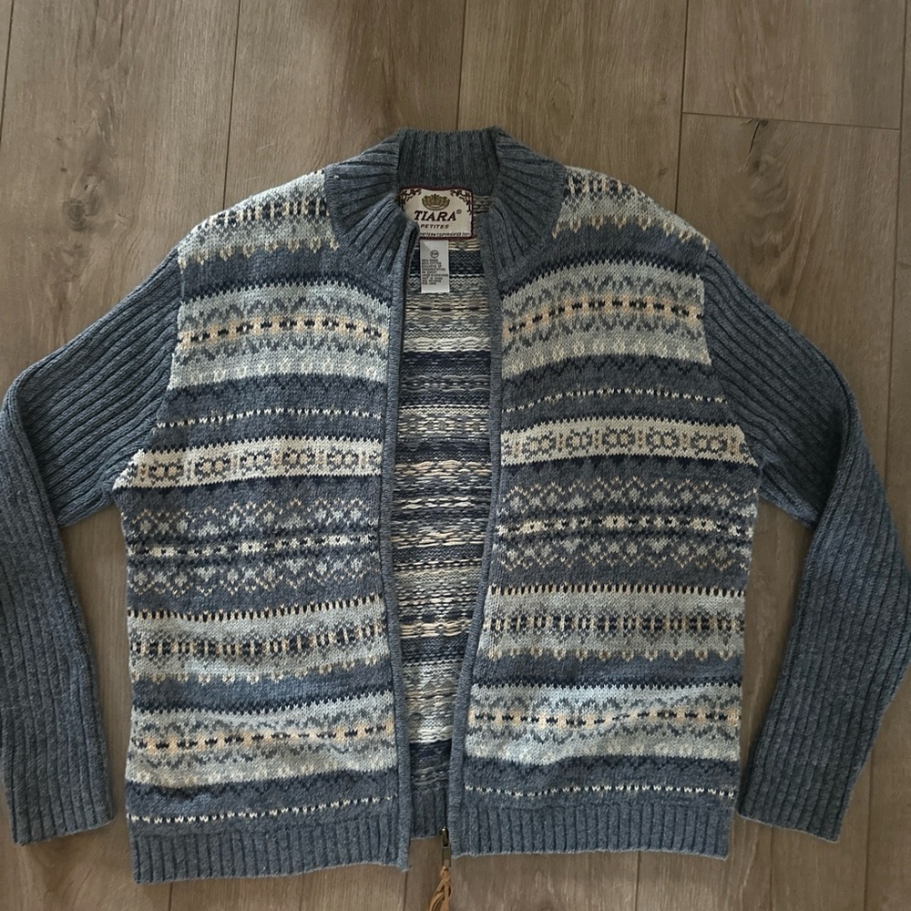 Tiara Petites Women’s Full Zip‎ Blue Multicolor Sweater Size PM